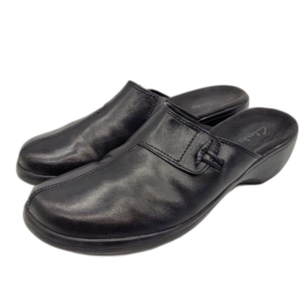 Clarks Women's Flamigos Black Leather Toggle Detail Comfort Clogs Size 12